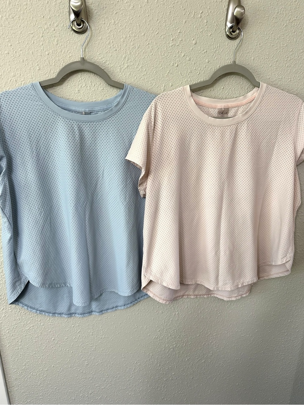 CALIA by Carrie Underwood Short Sleeve Waffle Knit Tops.Light Blue & Pale Peach
